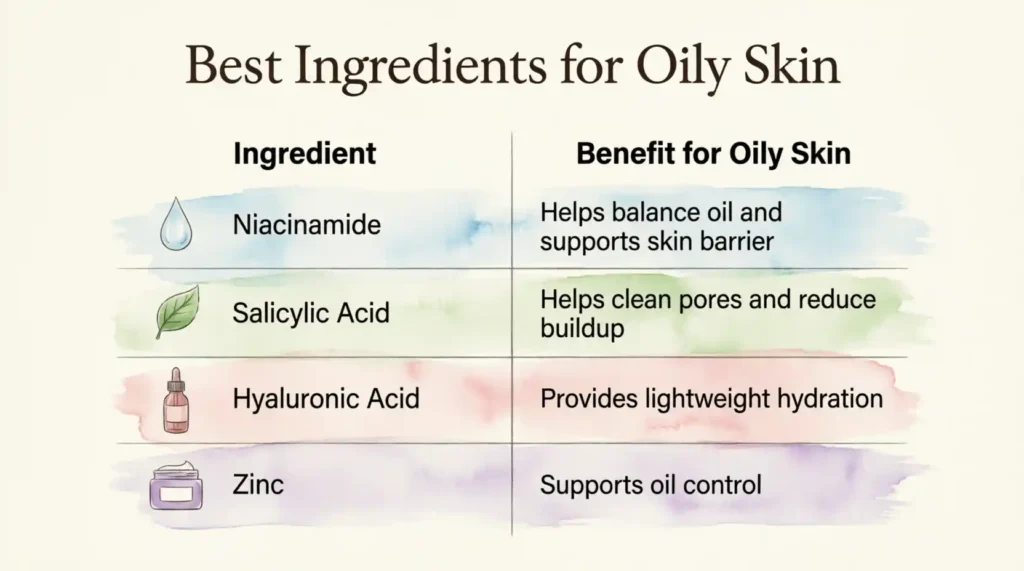 Ingredient Benefit for Oily Skin Niacinamide Helps balance oil and supports skin barrier Salicylic Acid Helps clean pores and reduce buildup Hyaluronic Acid Provides lightweight hydration Zinc Supports oil control-