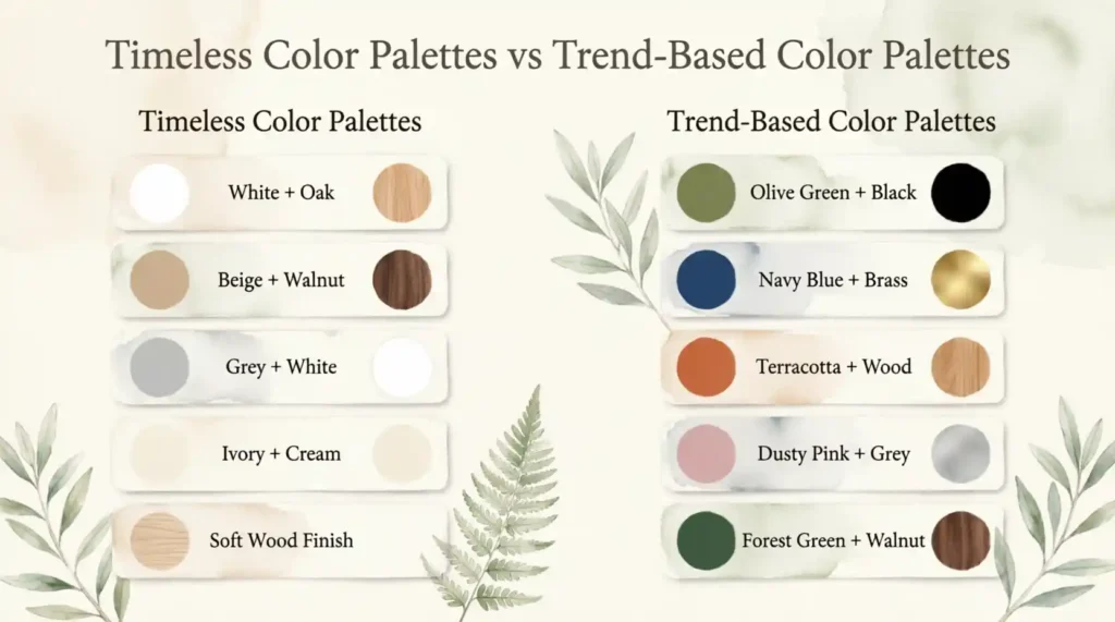 Timeless Color Palettes Trend-Based Color Palettes White + Oak Olive Green + Black Beige + Walnut Navy Blue + Brass Grey + White Terracotta + Wood Ivory + Cream Dusty Pink + Grey Soft Wood Finish Forest Green + Walnut-