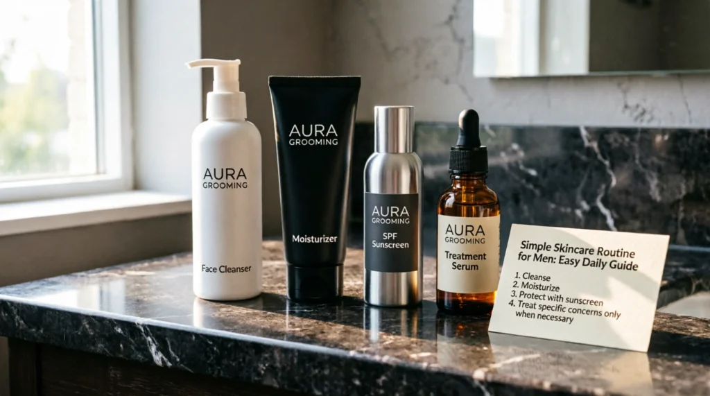 Cleanse Moisturize Protect with sunscreen Treat specific concerns only when necessary