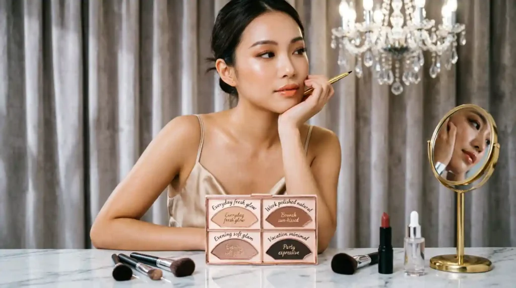 Occasion Makeup Direction Best Approach Everyday Fresh glow Light base, soft blush, gloss Work Polished natural Neutral eyes, controlled glow Brunch Sun-kissed Bronzer, warm blush, glossy lips Evening Soft glam Defined eyes, luminous skin Vacation Minimal Tinted base, cream blush, lip tint Party Expressive