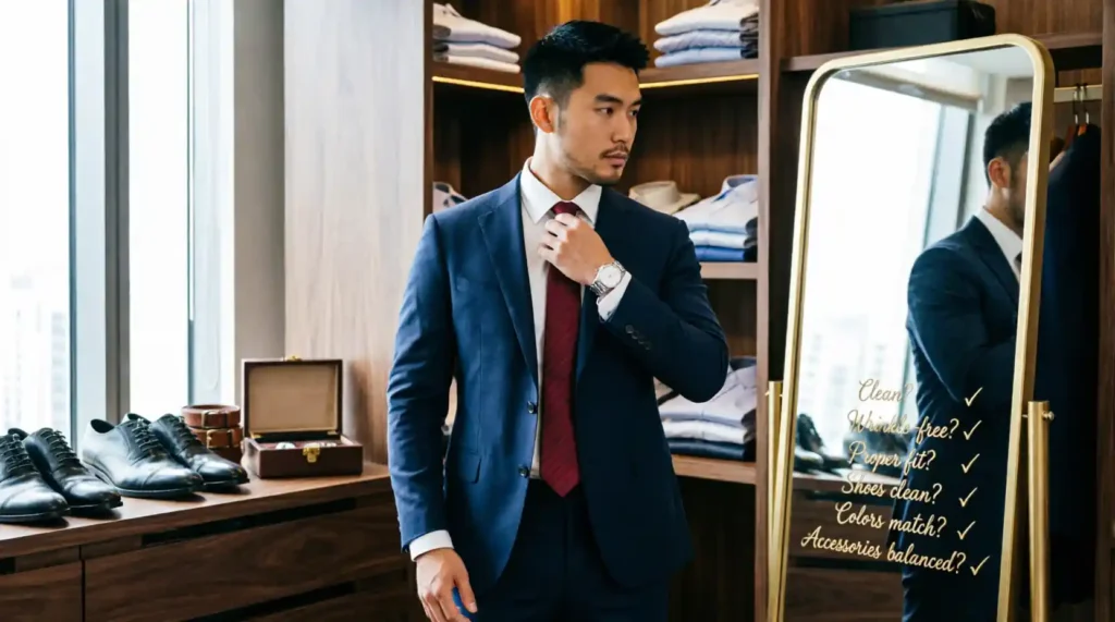 Is the clothing clean? Is anything visibly wrinkled? Do the trousers fit properly? Are the shoes clean? Do the main colors work together? Is the outfit appropriate for the occasion? Are the accessories balanced? Does anything look unnecessarily oversized or tight? A thirty-second mirror check can catch mistakes that