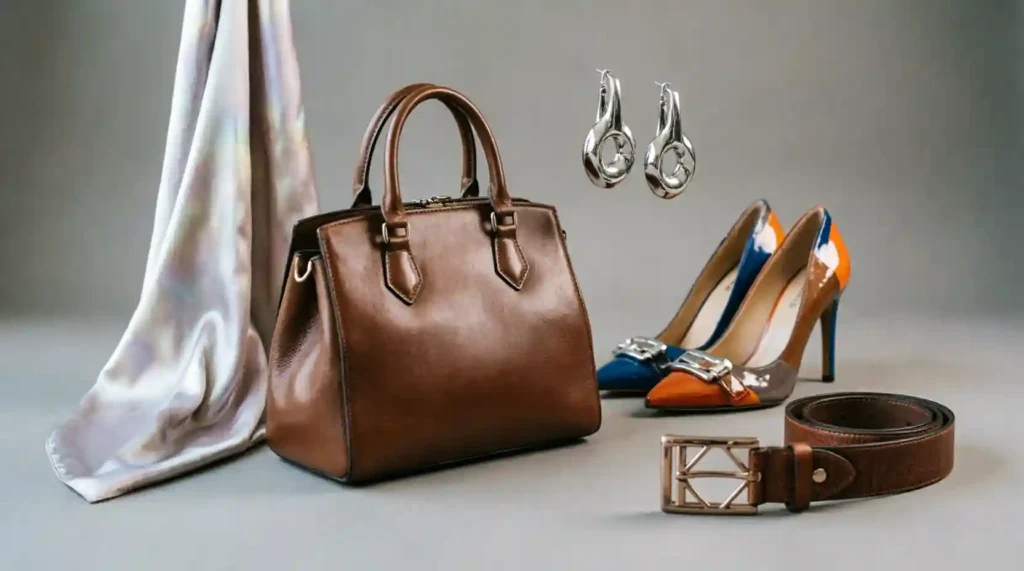 Create a stylish, realistic fashion editorial image showing five elegant women's accessories beautifully arranged together: a statement handbag, colorful stylish shoes, bold statement earrings, a beautiful silk scarf, and a distinctive fashionable belt. Use a premium modern fashion-magazine aesthetic with sophisticated styling, soft natural studio lighting, elegant neutral background, realistic textures, tasteful composition, and luxurious but approachable fashion. Arrange all five accessories clearly so each item is easy to recognize, with a balanced composition and subtle shadows. Make the image visually attractive for a professional fashion and lifestyle blog. No people, no logos, no brand names, no watermark, no unnecessary text. Landscape 16:9, high resolution, clean editorial photography.