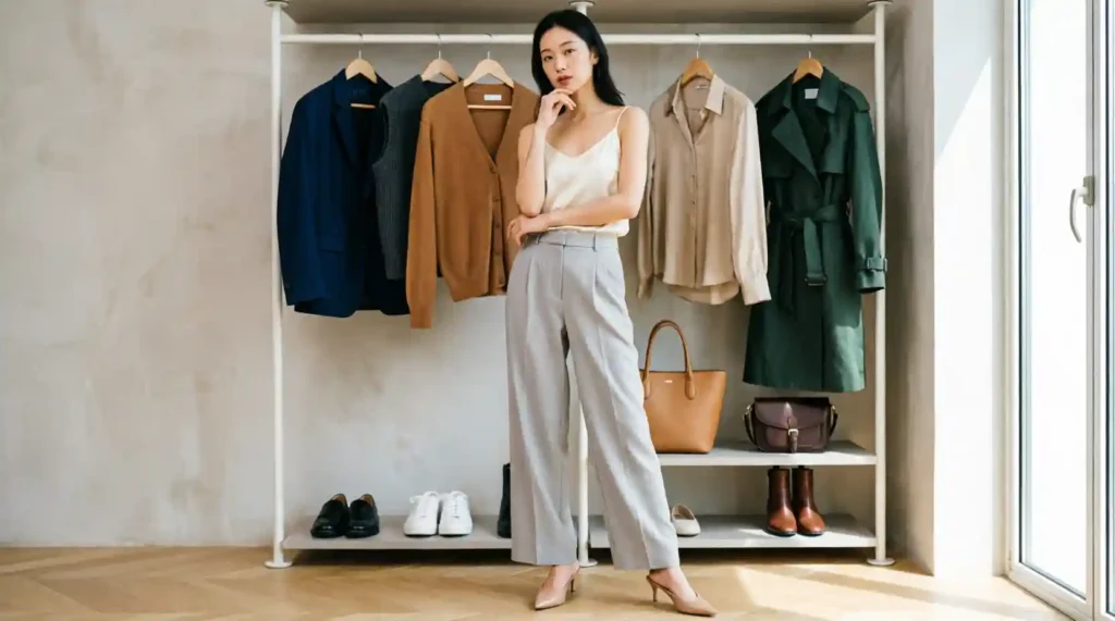 A stylish modern woman standing in front of an organized open wardrobe, thoughtfully deciding whether to buy or wear a new fashion piece, surrounded by a few versatile clothing items, shoes and handbags. She is comparing outfits and checking how the new piece matches her existing wardrobe. Clean elegant bedroom dressing area, natural soft daylight, realistic fashion editorial photography, sophisticated neutral tones, minimal luxury aesthetic, relatable everyday styling, confident and natural expression, realistic clothing textures, high-end lifestyle magazine look, vertical composition, no text, no words, no logos, no watermark.