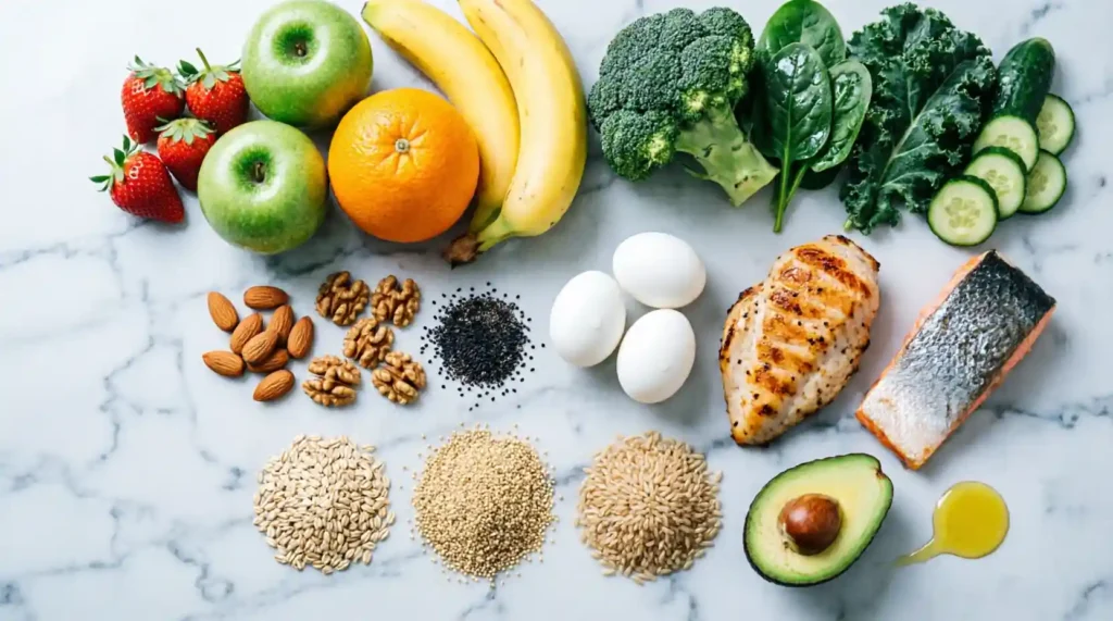 Fresh fruits Green vegetables Nuts and seeds Eggs and other protein sources Whole grains Healthy fats. natural beauty tips for face glow