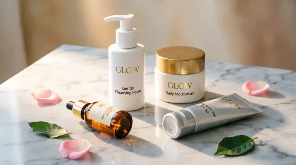 Gentle cleansing Moisturizer Daily sunscreen Antioxidant skincare if desired.anti aging skincare usa