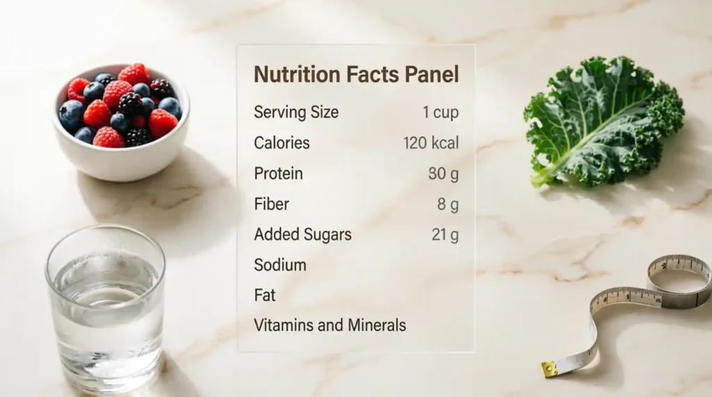 Serving size Calories Protein Fiber Added sugars Sodium Fat Vitamins and minerals .best product in the world for health