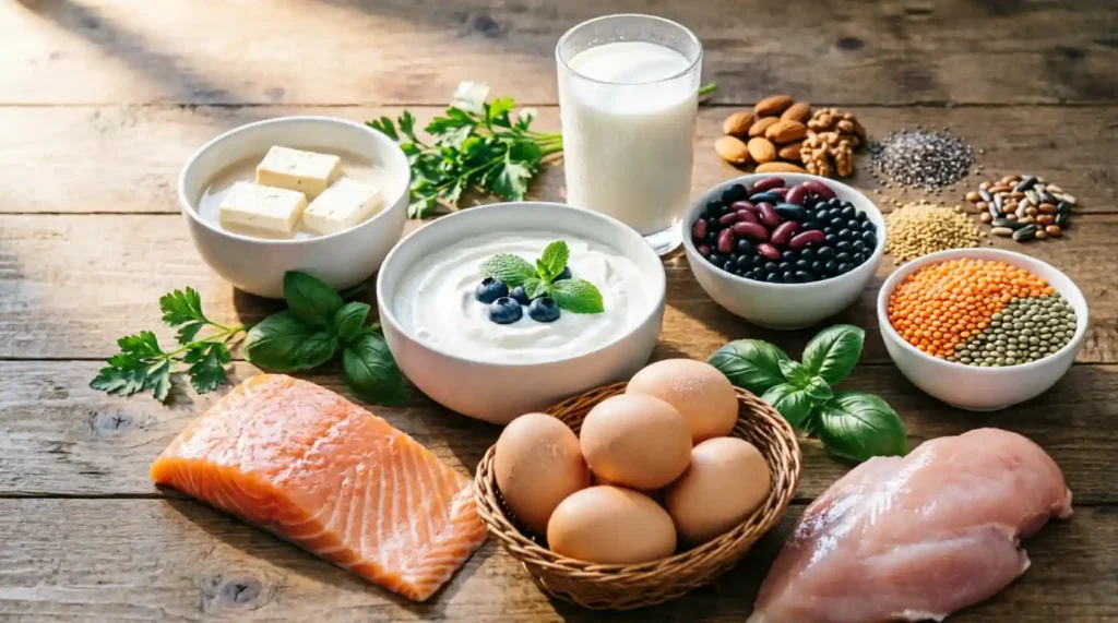 Eggs Fish Chicken Yogurt Milk Beans Lentils Soy foods Nuts and seeds.healthy skin and hair