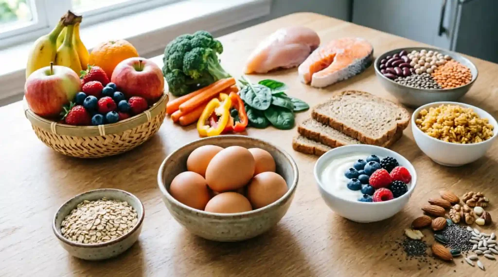 Eggs Yogurt Oats Fresh or frozen vegetables Fruit Beans and lentils Chicken or fish Wholegrain bread or rice Nuts and seeds. healthy routine for weight loos
