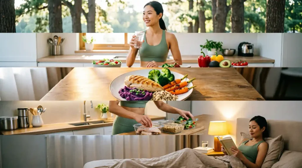 Create a realistic, premium wellness lifestyle infographic-style image showing five simple healthy habits that support weight loss. Divide the scene naturally into five connected moments: a woman walking outdoors for 20 minutes in comfortable activewear, drinking a glass of water instead of a sugary drink during lunch, enjoying a balanced dinner with plenty of vegetables, preparing a healthy lunch for the next day in the evening, and following a calm consistent bedtime routine in a cozy bedroom. Use realistic lifestyle photography, bright natural lighting, clean modern surroundings, healthy and motivating atmosphere, elegant wellness magazine aesthetic, soft neutral tones, photorealistic details, uncluttered composition. Include subtle visual cues for consistency, planning, hydration, healthy eating, daily movement, and quality sleep. Vertical 9:16 composition, Pinterest-friendly, clear space for adding text, no text, no logos, no watermark.