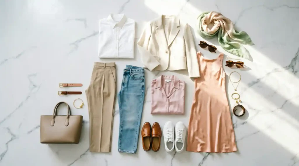 A structured everyday bag A lightweight scarf Simple sunglasses Minimal jewelry A versatile belt A small statement accessory. capsule wardrobe spring 2027