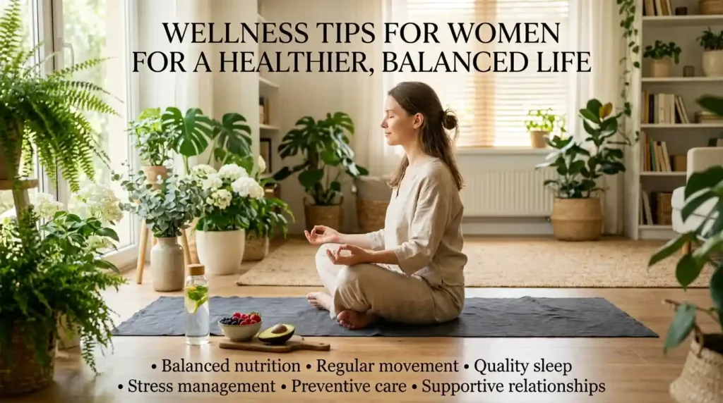 "A photorealistic, high-quality lifestyle image of a serene woman sitting in a meditation pose on a yoga mat in a bright, sunlit living room filled with green plants and white flowers. She is wearing comfortable beige linen clothes. In the foreground, there is a glass water bottle, fresh berries, and an avocado on the mat. Soft natural lighting creates a peaceful atmosphere. At the top, elegant text reads: 'Wellness Tips for Women for a Healthier, Balanced Life'. At the bottom, a clean list of wellness tips: 'Balanced nutrition, Regular movement, Quality sleep, Stress management, Preventive care, Supportive relationships'. 8k resolution, cinematic lighting."