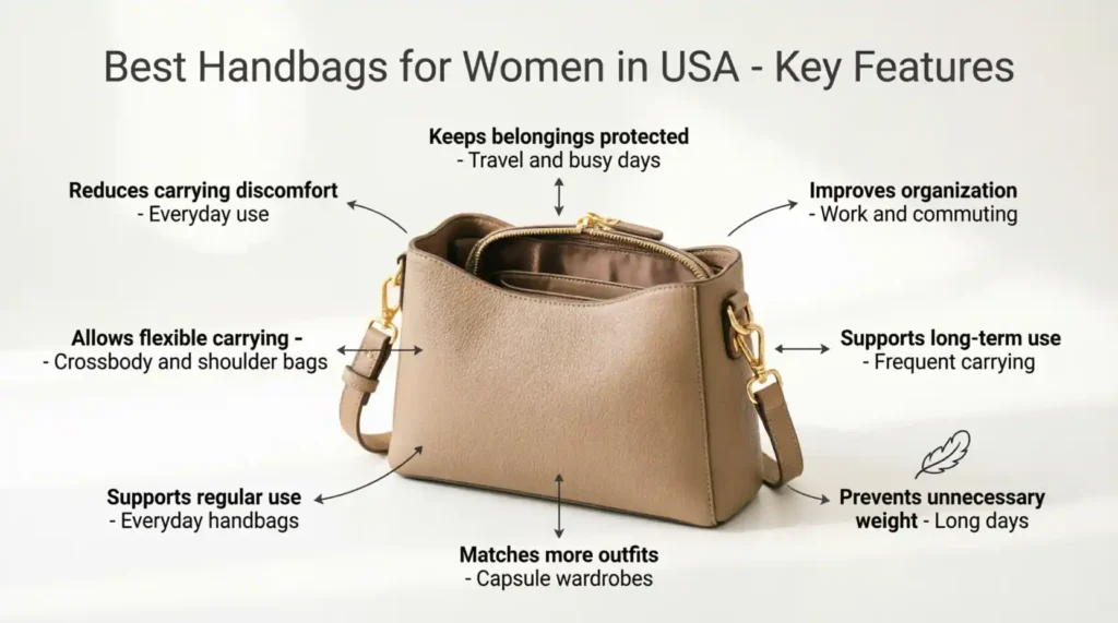 Comfortable straps Reduces carrying discomfort Everyday use Multiple compartments Improves organization Work and commuting Secure closure Keeps belongings protected Travel and busy days Durable material Supports regular use Everyday handbags Lightweight construction Prevents unnecessary weight Long days Neutral color Matches more outfits Capsule wardrobes Adjustable strap Allows flexible carrying Crossbody and shoulder bags Strong hardware Supports long-term use Frequent carrying. best handbag for women in usa