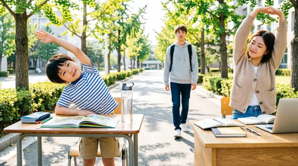 Student studying and taking a healthy movement break