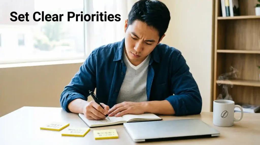 Daily priority list and organised work desk
