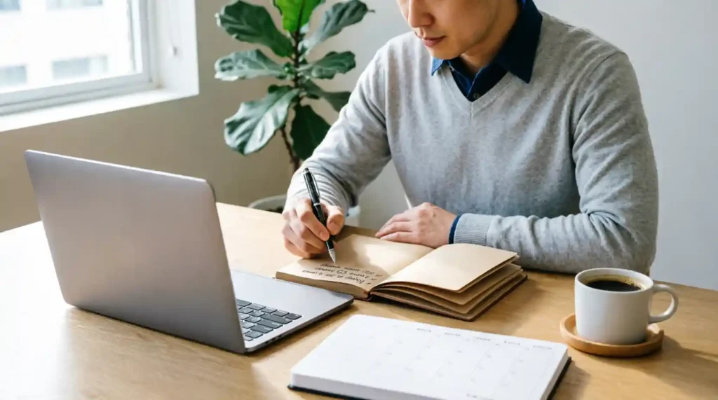 Man planning his daily schedule with a notebook, laptop, and weekly calendar.