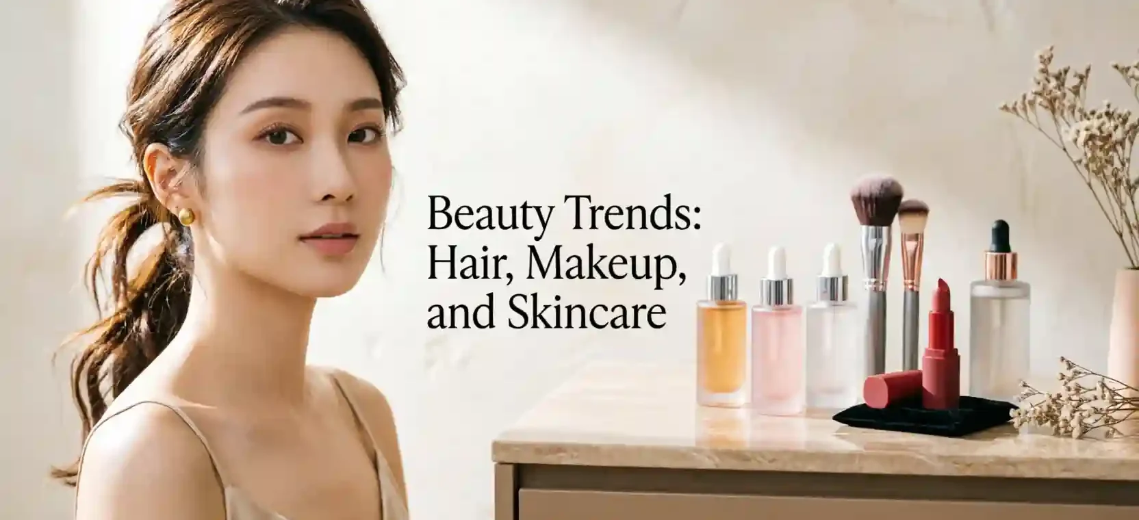 Beauty trends featuring skincare, makeup, and hairstyling.