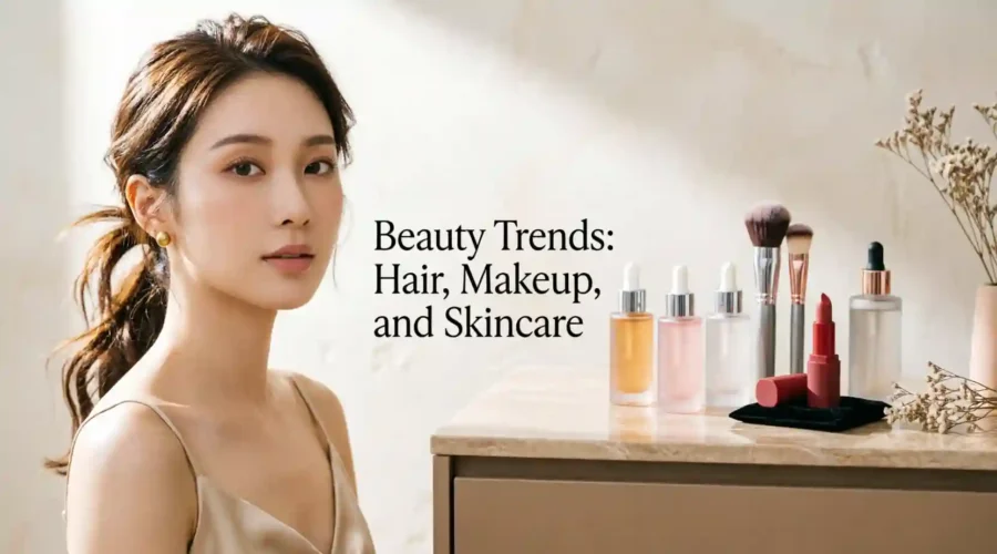 Beauty trends featuring skincare, makeup, and hairstyling.