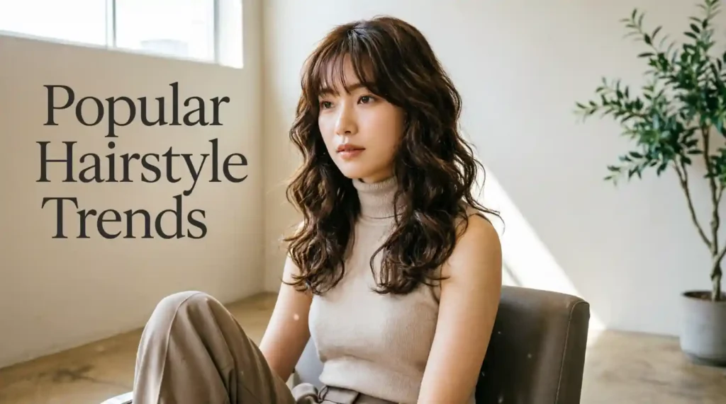 Woman showcasing a modern layered hairstyle with natural waves
