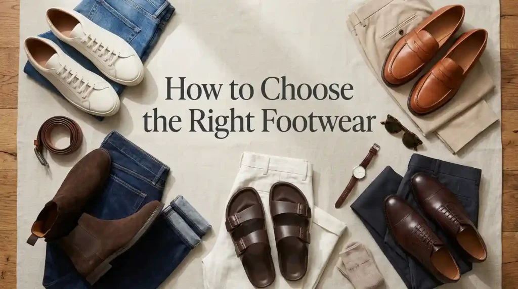 Sneakers, loafers, boots, sandals, and formal shoes for different outfits.
