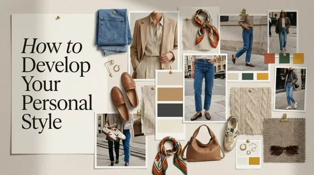 Fashion mood board featuring clothing, footwear, and accessories for developing personal style.