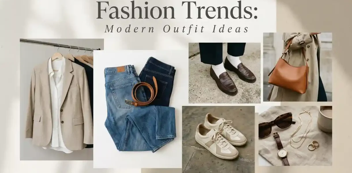Fashion trends featuring denim, footwear, and modern outfit essentials