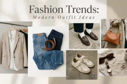 Fashion trends featuring denim, footwear, and modern outfit essentials