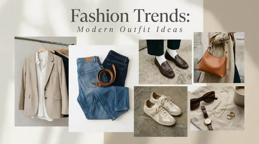 Fashion trends featuring denim, footwear, and modern outfit essentials