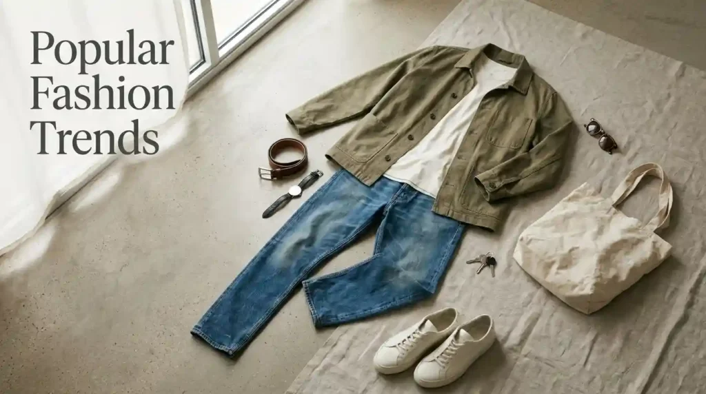 Modern fashion trends featuring relaxed clothing, denim, and minimalist styling