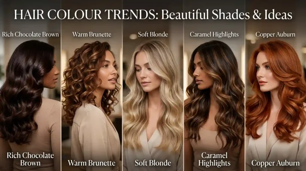 Hair colour trends featuring chocolate brown, blonde, caramel highlights, and copper shades.
