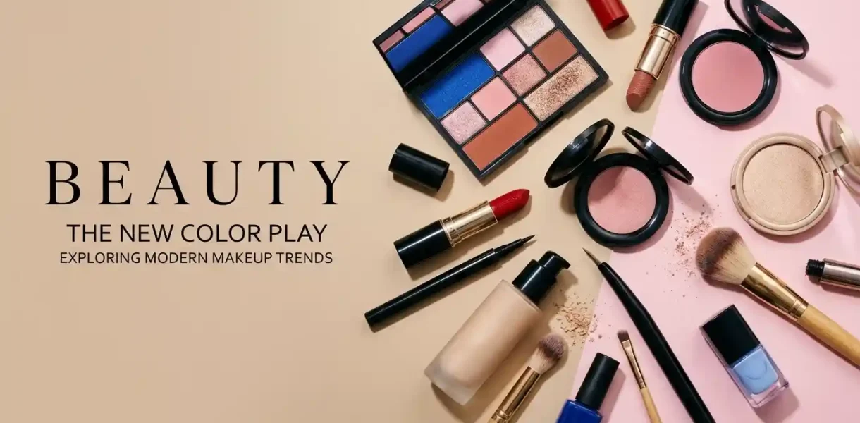 Makeup trends featuring eyeshadow, lipstick, blush, highlighter, and blue nail polish.