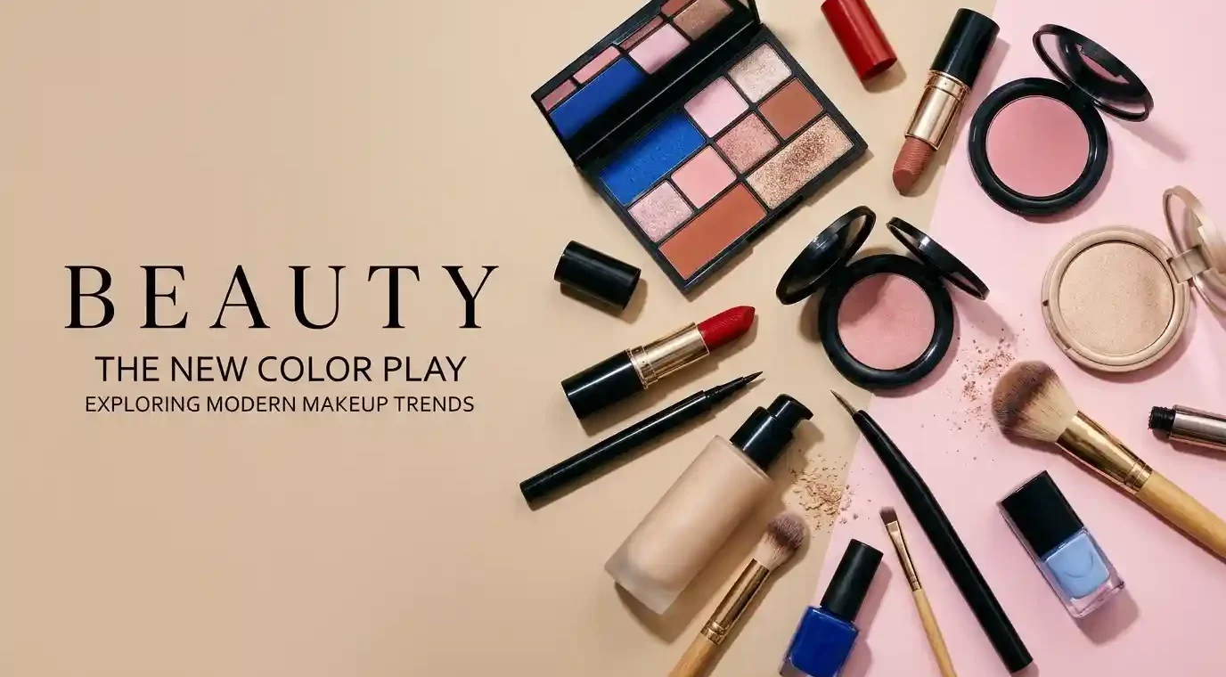 Makeup trends featuring eyeshadow, lipstick, blush, highlighter, and blue nail polish.