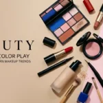 Makeup trends featuring eyeshadow, lipstick, blush, highlighter, and blue nail polish.