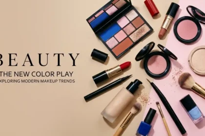 Makeup trends featuring eyeshadow, lipstick, blush, highlighter, and blue nail polish.