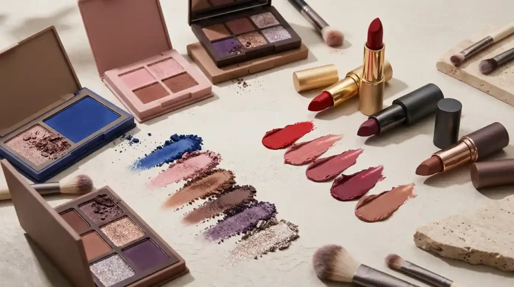 Colorful eyeshadow palettes and popular lipstick shades for modern makeup looks.