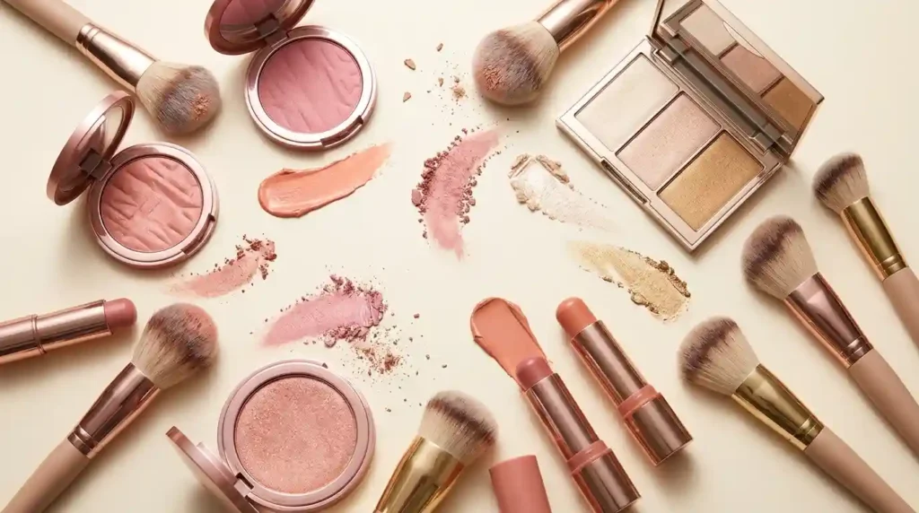 Pink blush, peach blush, and champagne highlighter makeup products.