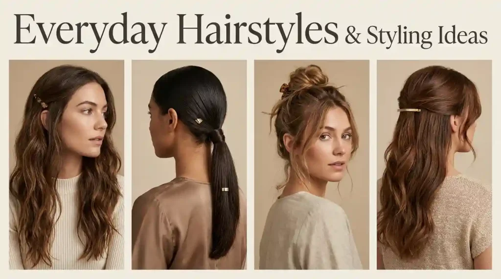 Everyday hairstyle ideas featuring loose waves, ponytails, messy buns, and half-up styles.