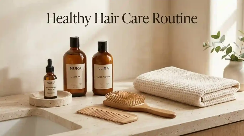 Hair care essentials including shampoo, conditioner, hair oil, and a wide-tooth comb.