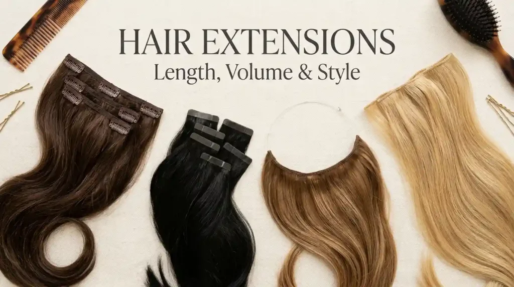 Different hair extensions including clip-in, tape-in, halo, and long hair extension strands.