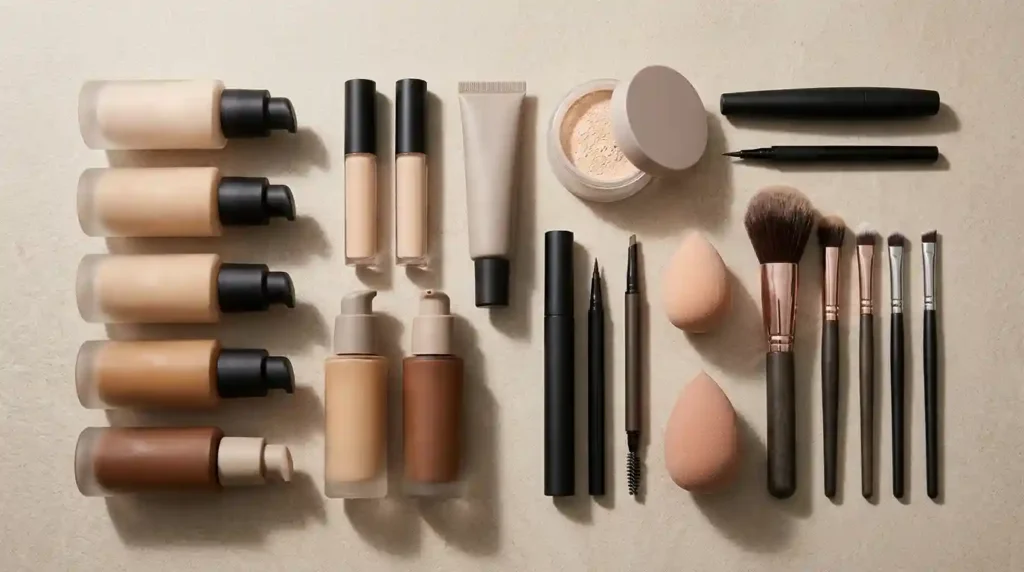 Foundation, concealer, primer, eyeliner, mascara, and everyday makeup essentials.
