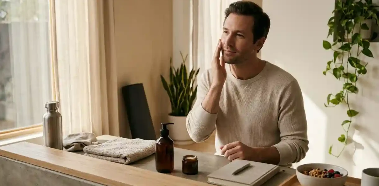 Self-care for men featuring skincare, healthy daily habits, and wellness essentials.