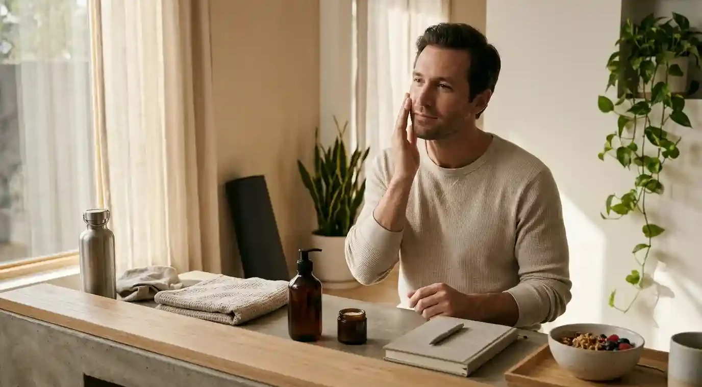 Self-care for men featuring skincare, healthy daily habits, and wellness essentials.