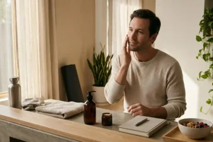 Self-care for men featuring skincare, healthy daily habits, and wellness essentials.