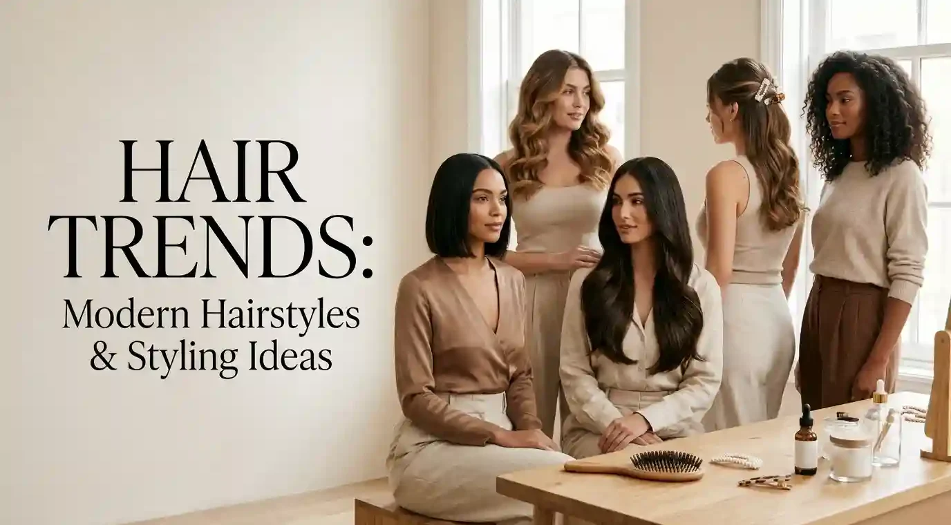 Modern hair trends featuring glossy hair, soft waves, and stylish hair accessories