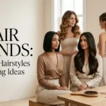 Modern hair trends featuring glossy hair, soft waves, and stylish hair accessories