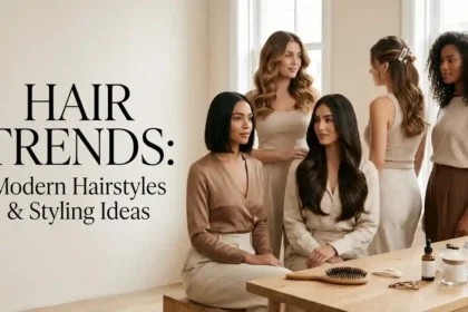 Modern hair trends featuring glossy hair, soft waves, and stylish hair accessories