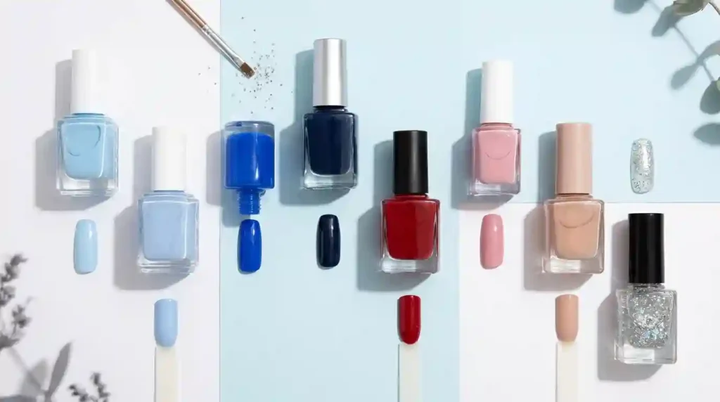 Blue nail polish trends featuring baby blue, cobalt blue, and navy shades.